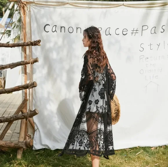 New Beautiful Vintage Look Floral Lace Kimono Duster Cover Up Black